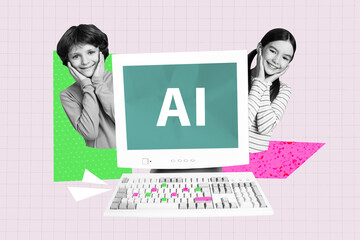 Poster - Sketch full 3d photo collage of two happy classmates schoolgirl schoolboy stand pc monitor artificial intelligence cyber courses