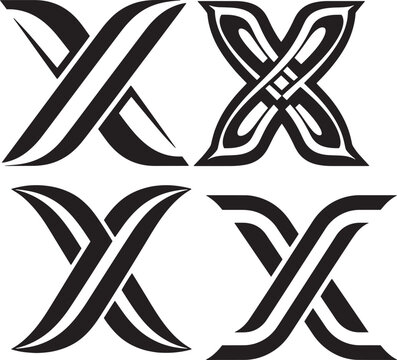 Set of Four Stylized Letter X Logos. Collection of black and white Celtic knot, tribal, and interlaced monogram designs for branding, tattoos, or decorative icons