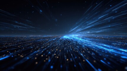 Poster - A rich blue setting hosts a symphony of glowing lines signifying the evolution and speed of communication within the digital realm.