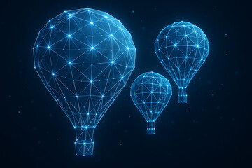 Poster - Futuristic glowing hot air balloons flying in dark sky made with digital wireframe polygon mesh concept of innovation and virtual adventure travel background