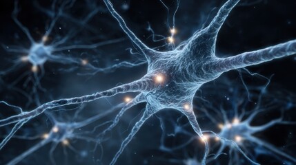 Poster - Conceptual image of glowing synaptic connections showcasing the flow of electric signals that reveal the brains intricate role in processing information and human awareness.