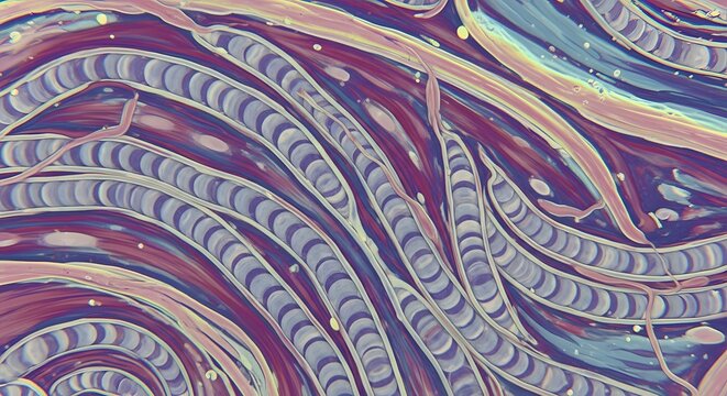 Abstract rendering of curved lines and purple and pink hues creating a textured composition