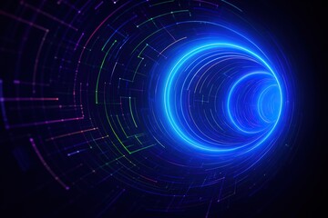 Fototapete - Abstract neon blue tunnel with digital circuitry and glowing lines on a dark background