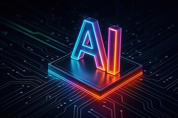 Fototapete - Glowing ai logo rests on a futuristic circuit board with neon blue and pink illumination