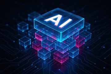 Fototapete - Glowing ai cubes stacked in a futuristic digital network representing artificial intelligence and technology