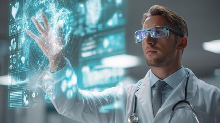 Poster - A male physician wearing a modern lab coat navigates a sophisticated augmented reality interface presenting 3D holographic medical data reflecting the future of healthcare innovation.