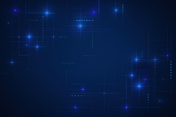 Fototapete - Abstract dark blue background with glowing blue and purple lights and digital grid lines