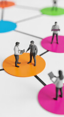 Poster - Miniature figures on colored circles, representing networking, collaboration, and communication in business