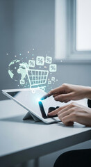 Poster - Hands interacting with tablet showcasing online shopping concept: global cart, percentage icons, symbolizing e-commerce, digital marketing, sales, discounts