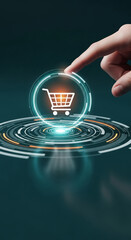 Poster - Finger interacts with glowing shopping cart icon, futuristic interface design, symbolizing online shopping, digital commerce, and technological advancement