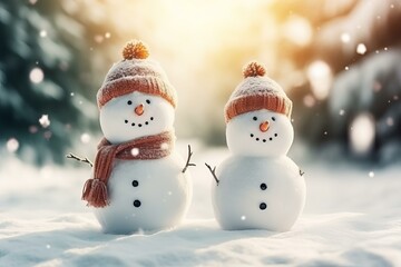 Poster - Two happy snowmen wearing knitted hats and scarves enjoying winter wonderland