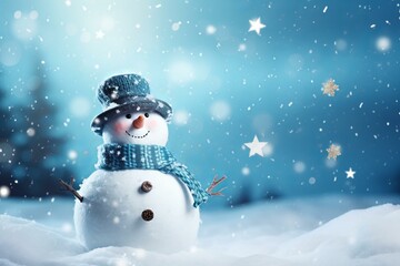 Poster - Smiling snowman wearing blue scarf and top hat during snowfall, perfect for christmas greeting cards