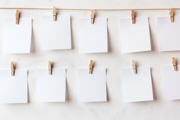 Poster - Blank square papers hanging on a string with wooden clothespins displaying a clean and minimalist aesthetic