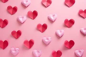 Poster - Origami paper hearts in pink and red forming a repeating pattern, ideal for romantic themes and valentine's day projects