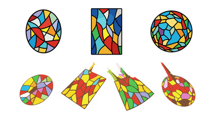 Poster - Illustration of stained glass windows in various shapes and colorful abstract patterns on white background