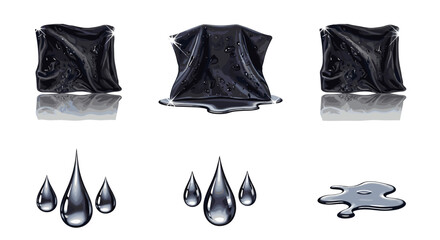 Poster - Three covered objects with liquid and two sets of three droplets with a single puddle below them