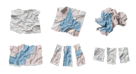 Poster - Collection of six crumpled paper sheets with varied shapes and color patterns displayed on white background