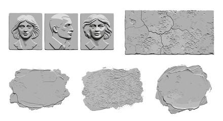 Poster - Bas relief portraits and textured surfaces of stone blocks in a grayscale arrangement shown above