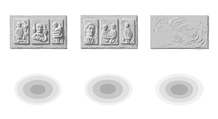 Poster - Three stone tiles displaying relief carvings and abstract texture with circular shadows underneath
