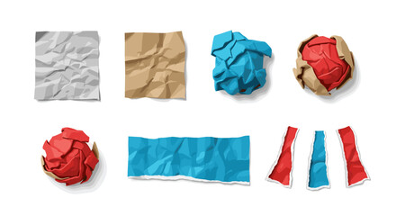 Poster - Various crumpled and torn paper pieces in different colors including red blue brown and gray shades seen from above