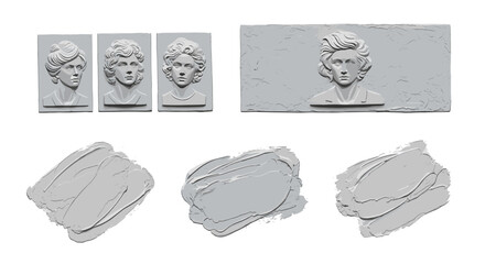 Poster - Gray sculpted portraits and smears of gray paint on a white background in a studio setting view