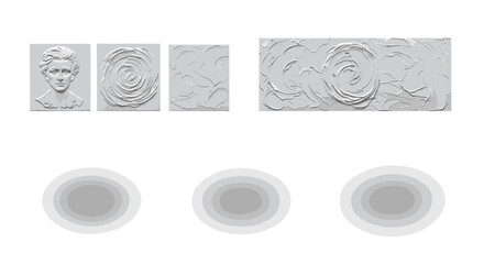 Poster - White textured panels featuring a face and swirl patterns with three round shapes below them