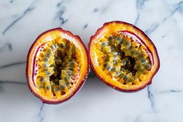 Poster - Fresh passion fruit cut in half showing the vibrant yellow pulp and edible seeds, resting on a clean marble surface