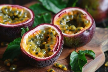 Poster - Three halves of passion fruit showcasing juicy pulp and seeds rest on a wooden cutting board, accented by green leaves