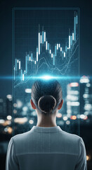 Poster - Woman's back, facing glowing stock market graph projected onto her, against city lights background, symbolizing data analysis and financial market trends