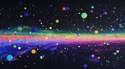 Aufkleber - Bright neon particles floating and scattering across a dark, starry sky-like background, emitting subtle glows 