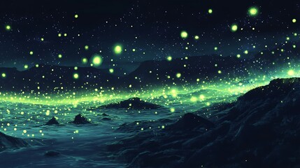 Aufkleber - Bright neon particles floating and scattering across a dark, starry sky-like background, emitting subtle glows 