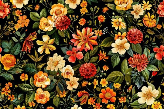 Seamless vintage floral pattern featuring colorful flowers and leaves on a black background, creating a vibrant and elegant design