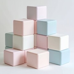 Poster - Pastel shaded cubes arranged in a staggered tower formation, showcasing symmetrical aesthetics on white background