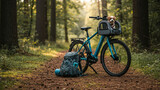 E-bike with small dog carrier attached, parked on forest trail with travel backpack