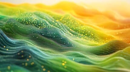 Aufkleber - Pulsing bright particles moving in slow, rhythmic waves over a soft gradient of green and yellow 