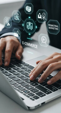 Hands typing on laptop keyboard, surrounded by digital icons symbolizing e-commerce and promotional marketing, showcasing online business and digital strategy