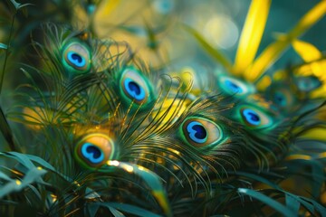Poster - Close up of iridescent peacock feathers nestled in green foliage, creating a vibrant and exotic scene