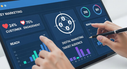 Poster - Tablet display shows digital marketing analytics: graphs, charts, customer engagement percentage, reach data. Illustrates online business strategy and audience targeting
