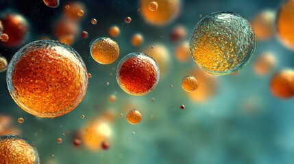 Poster - High magnification image featuring slowmoving spherical particles elegantly illuminated under microscope light illustrating the fascinating world of microbiology and particle dynamics.