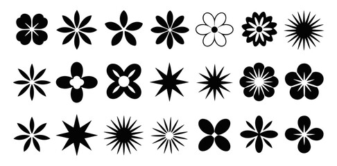 Poster - Collection of twenty one black and white floral and star shaped design elements arranged in rows