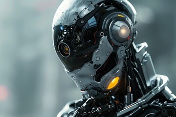 Poster - Futuristic robot slightly looking down, featuring intricate details and glowing elements