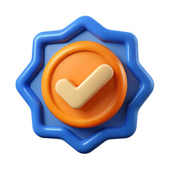 Poster - 3d blue starburst badge with orange circle and cream checkmark image