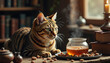 © Vladimir - Tabby cat sitting beside a steaming jar of herbal tea on table