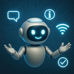 Poster - A friendly robot showcases technological capabilities and connectivity, surrounded by interface elements. customer support service
