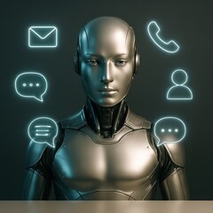 Poster - A futuristic robot with contact icons. conveying concepts of digital communication. showcasing sleek design.