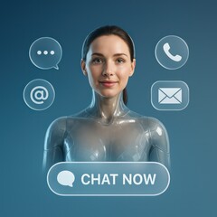 Poster - A futuristic digital assistant, depicted with a sleek, translucent form, interacts with digital icons indicating communication methods. 