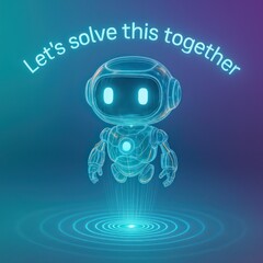 Poster - A futuristic illustration of a friendly robot is highlighted by a blue and purple gradient background. The robot is glowing with vibrant neon, giving a sense of technology and innovation.