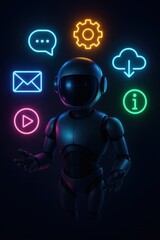 Poster - A futuristic robot, adorned with glowing neon icons representing various technological features, stands poised against a backdrop of deep space. The image highlights technology's sleek aesthetics.
