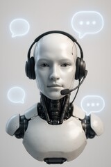 Poster - A futuristic, AI-powered robot assistant is depicted, wearing a headset and emanating a welcoming and service-oriented impression, with speech bubbles illustrating conversational interactions.
