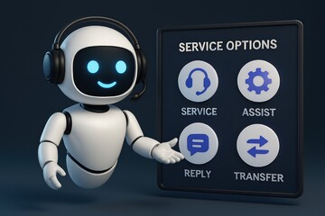 Poster - A friendly robot with a headset presents service options on a sleek digital interface, offering a modern solution for customer support and automation. customer support service